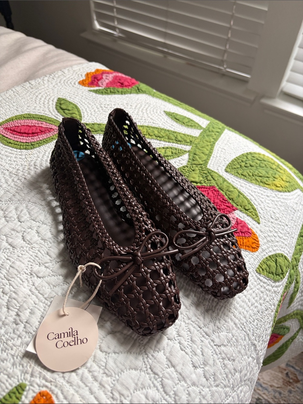 Camila Coelho Dark Brown Woven Bow Ballet Flats